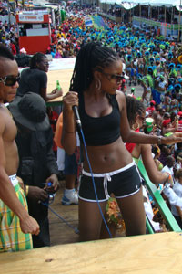 2008 T&T Road March winner Faye-Ann Lyons, on Pyramid Music Truck on the road in Trinidad, Carnival Tuesday